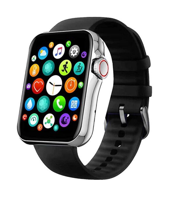 Fitnessuhr mit schwarzem Armband und silbernem Gehäuse. Das Display zeigt farbige App-Symbole. Seitlich eine rote Taste.