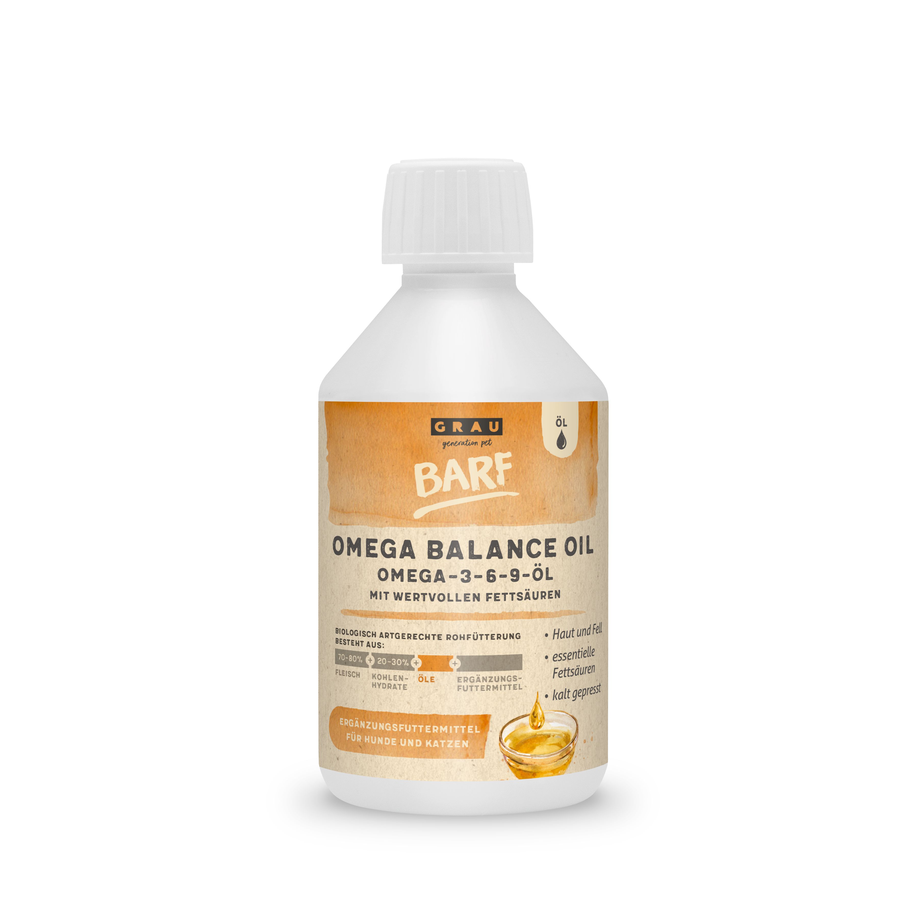 Flasche mit Omega Balance Oil, Omega-3-6-9-Öl mit wertvollen Fettsäuren für Hunde und Katzen.