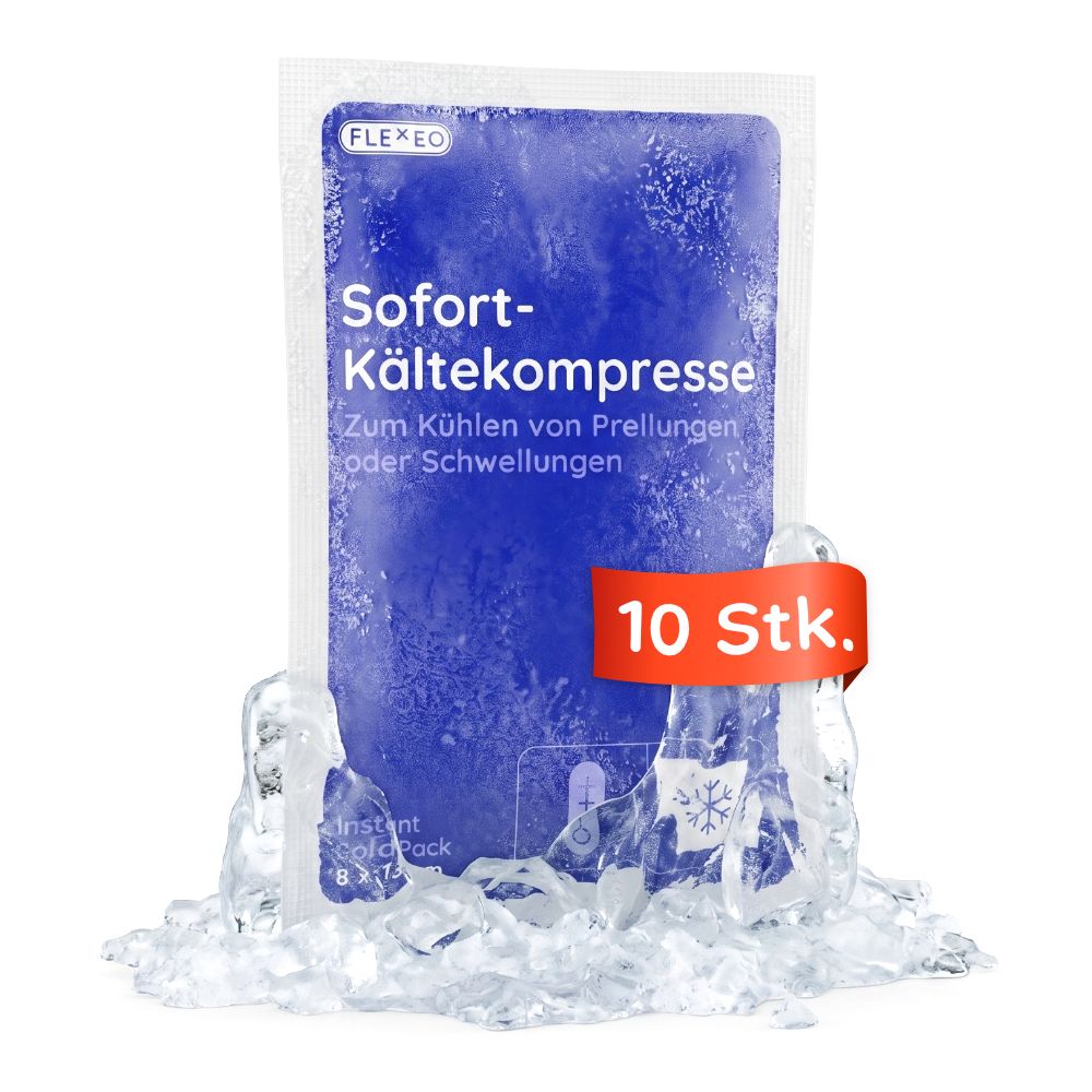 FLEXEO Sofort-Kältekompresse, 10 Stück. Blaue Verpackung mit Eissplittern und Eiswürfeln.