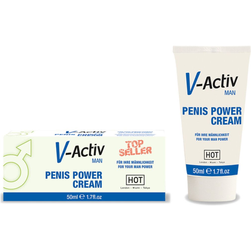Tube und Schachtel. Aufschrift: V-Activ, Penis Power Cream. Logo: Männliches Symbol. Marke: HOT. Volumen: 50ml.