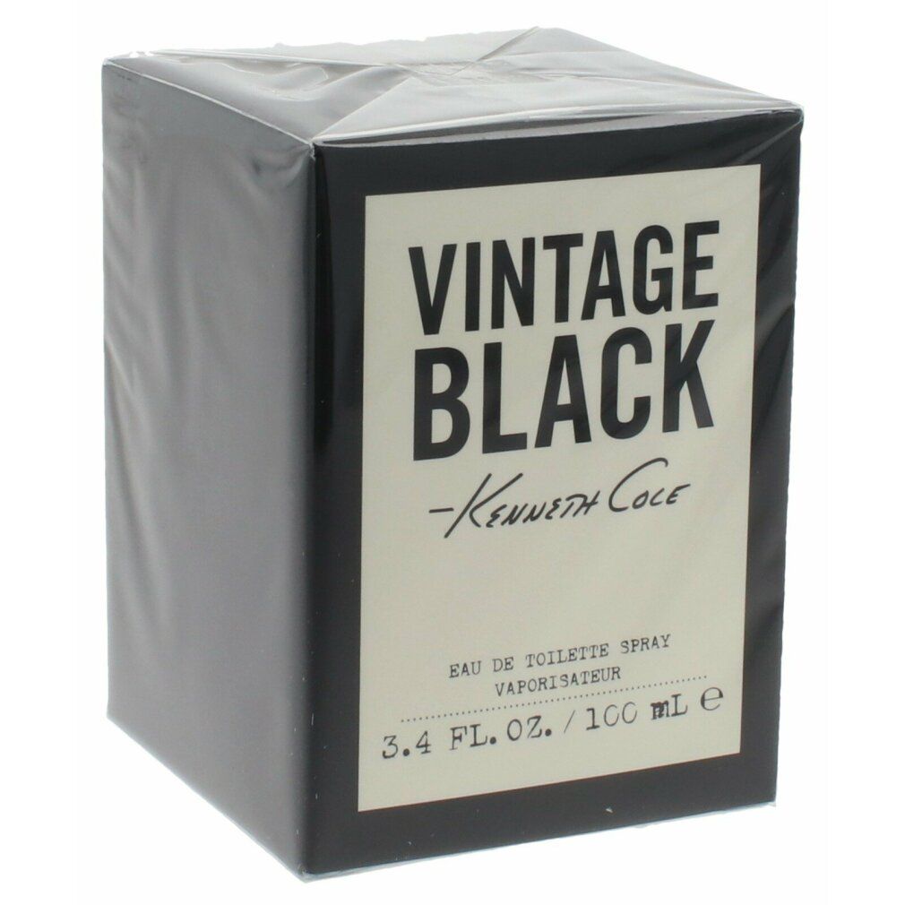 Schwarzer Karton mit weißem Etikett. Aufschrift: VINTAGE BLACK -Kenneth Cole-. Eau de Toilette Spray. 3.4 FL. OZ. / 100 ml.