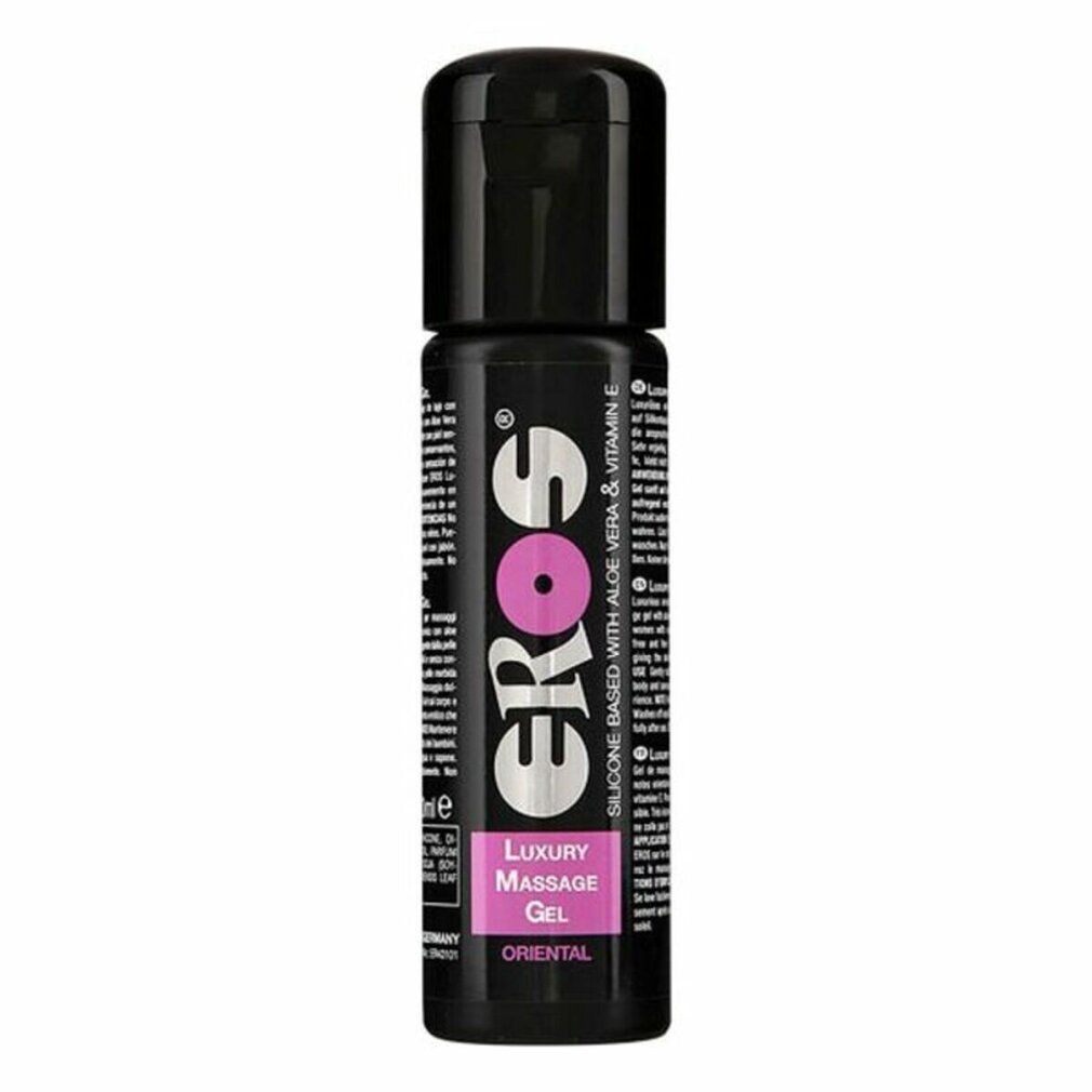 Schwarze Flasche mit "EROS"-Logo und Text. "Luxury Massage Gel Oriental" steht darunter. Enthält Aloe Vera & Vitamin E.
