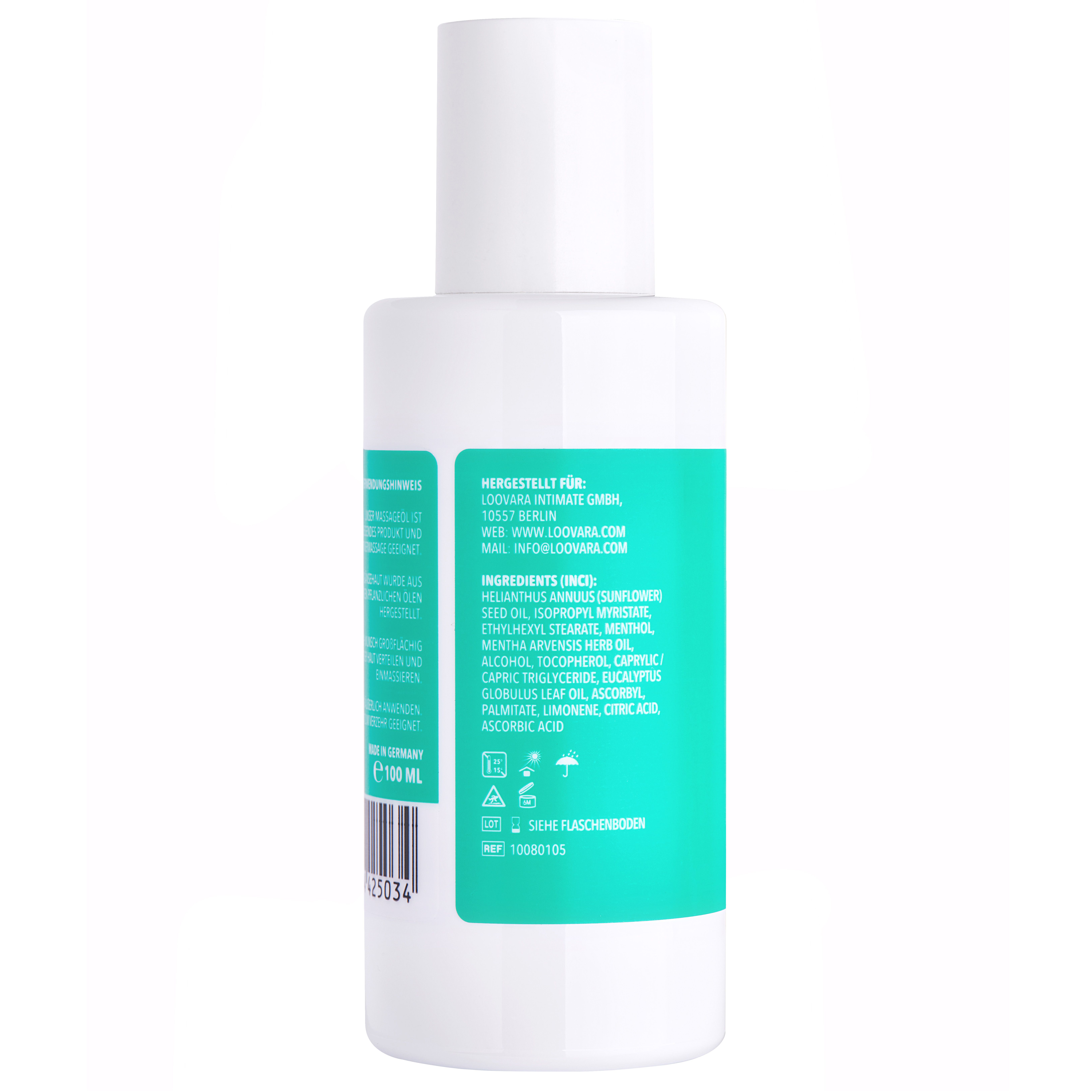 Rückseite einer weißen Flasche mit türkisfarbenem Etikett. Text: Inhaltsstoffe, Herstellerinformationen, 100 ml.