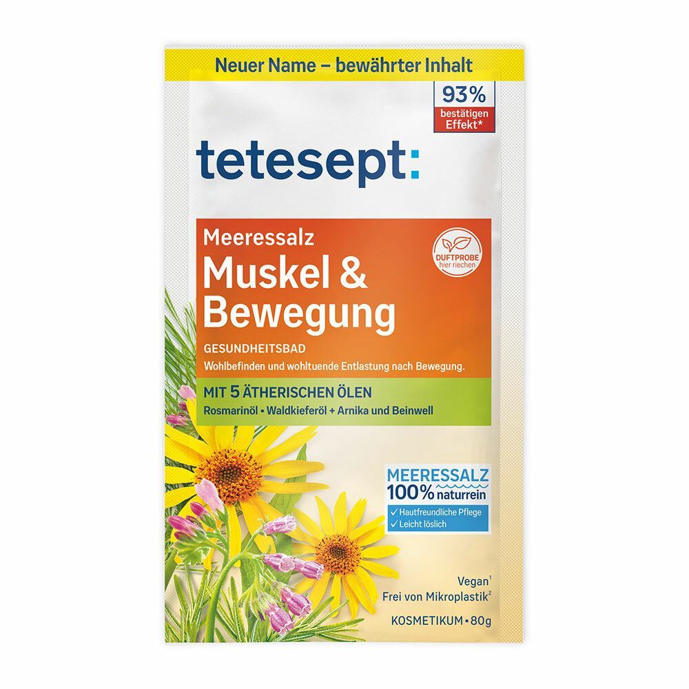 Verpackung von tetesept® Meeressalz Muskel & Bewegung. Vorderseite mit Produktnamen, Inhaltsstoffen und floraler Illustration.