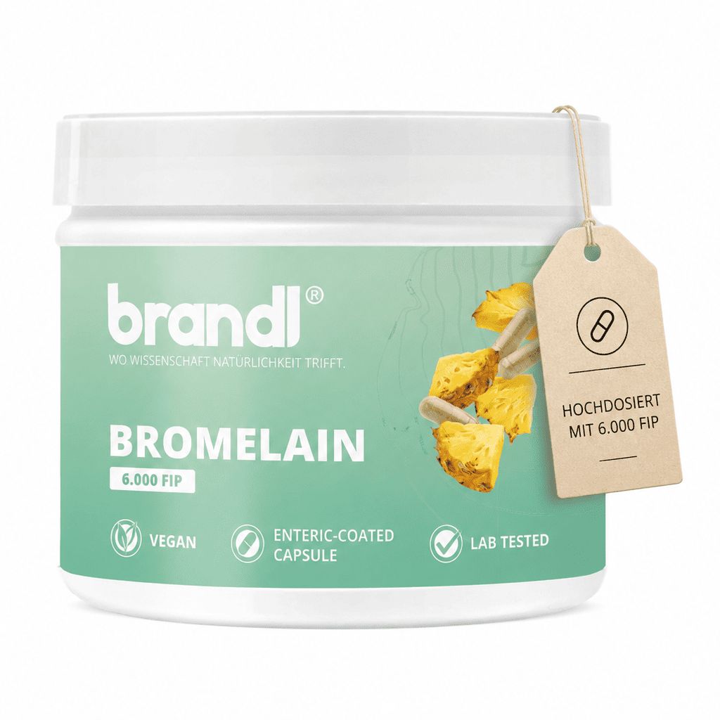 Dose mit Bromelain-Kapseln, Anhänger. Text: Bromelain 6.000 FIP, vegan, magensaftresistent, Labor getestet.
