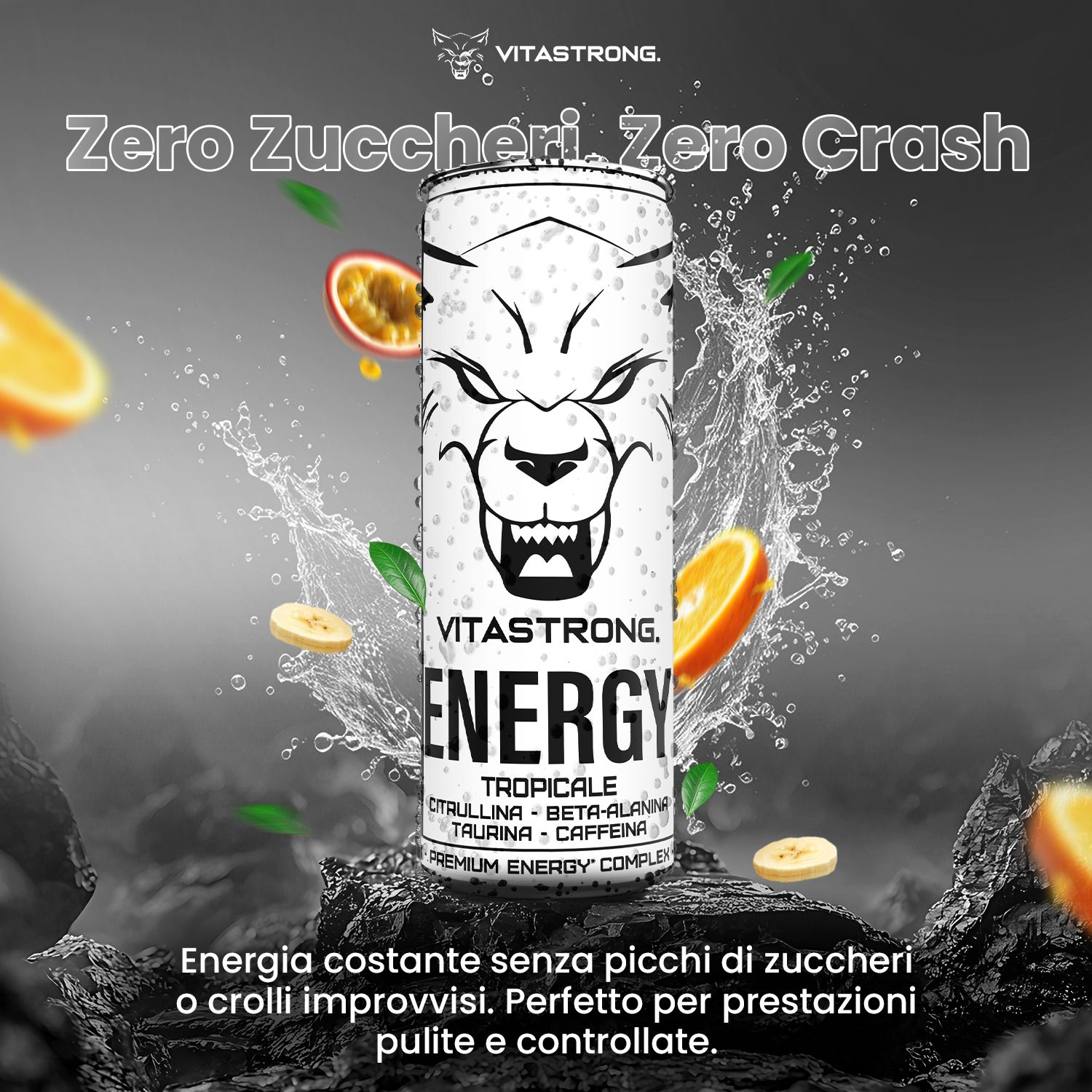 Vitastrong Energy Tropical Dose. Text: ENERGY, Tropical. Mit Früchten und Text: Zero Zucker, Zero Crash.