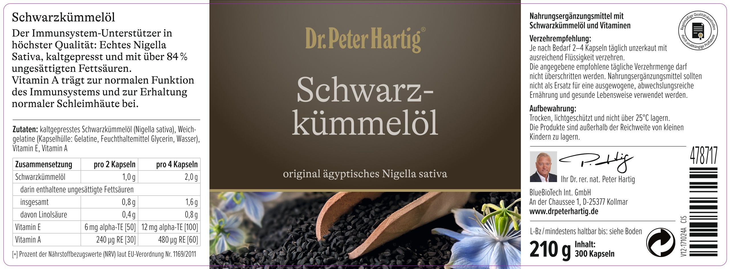 Produktetikett. Text: Schwarzkümmelöl, Original ägyptisches Nigella sativa. Inhaltsstoffe, Dosierung, Herstellerinformationen.