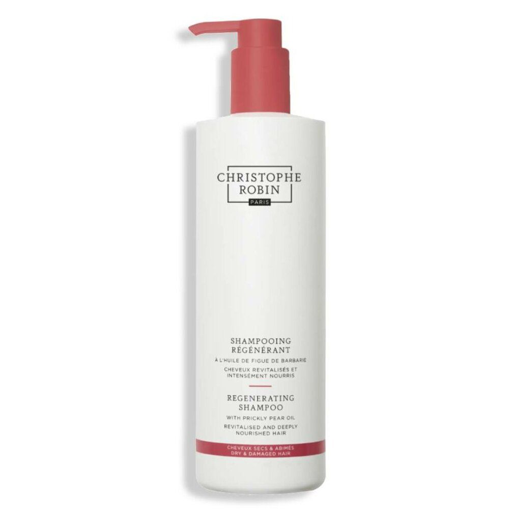 Weißes Shampoo mit rotem Pumpkopf. Text: Christophe Robin Paris, Regenerierendes Shampoo, 500 ml.