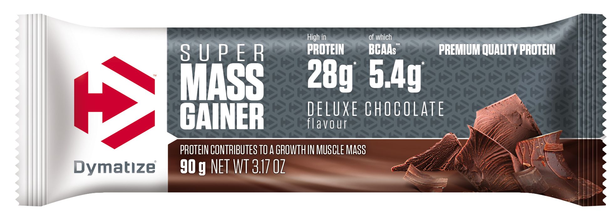 Einzelne Super Mass Gainer Riegel. Aufdruck: Super Mass Gainer, 28g Protein, 5.4g BCAA, Deluxe Chocolate. Marke: Dymatize.