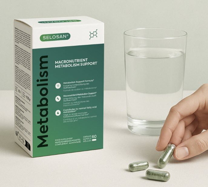 Schachtel Selosan Kapseln neben Glas Wasser und Hand mit Kapseln. Aufschrift: "Metabolism", "Macronutrient Metabolism Support". Enthält 60 Kapseln.