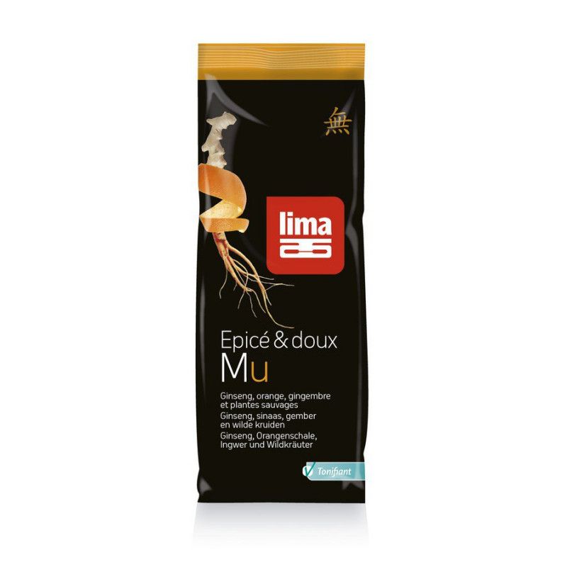 Schwarze Verpackung mit Logo "lima 25" und Aufschrift "Epicé & doux Mu". Abbildung von Ginseng-Wurzeln. Text in Französisch, Niederländisch und Deutsch.