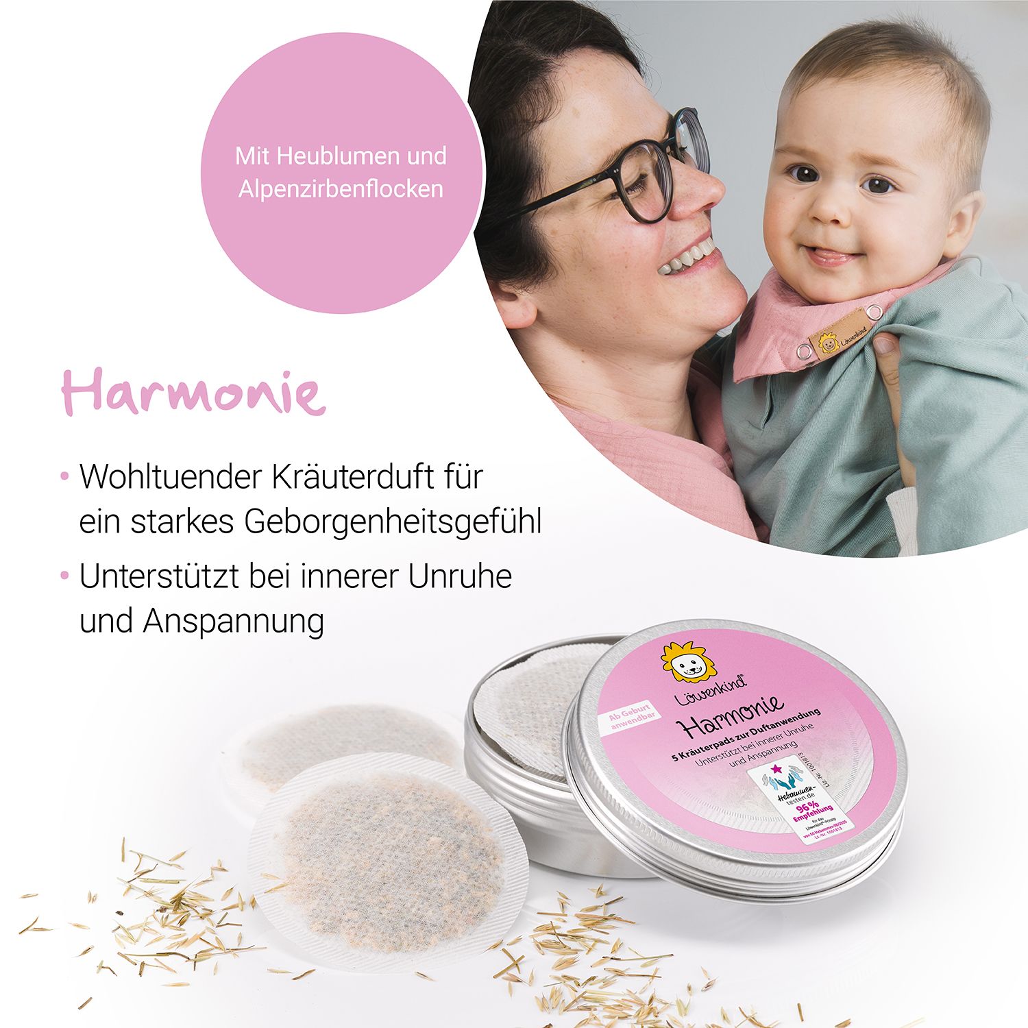 Runde Metalldose mit Kräuterpad. Aufschrift: LÖWENKIND Harmonie. 3 Pads. Kind mit Mutter. Kräuter.