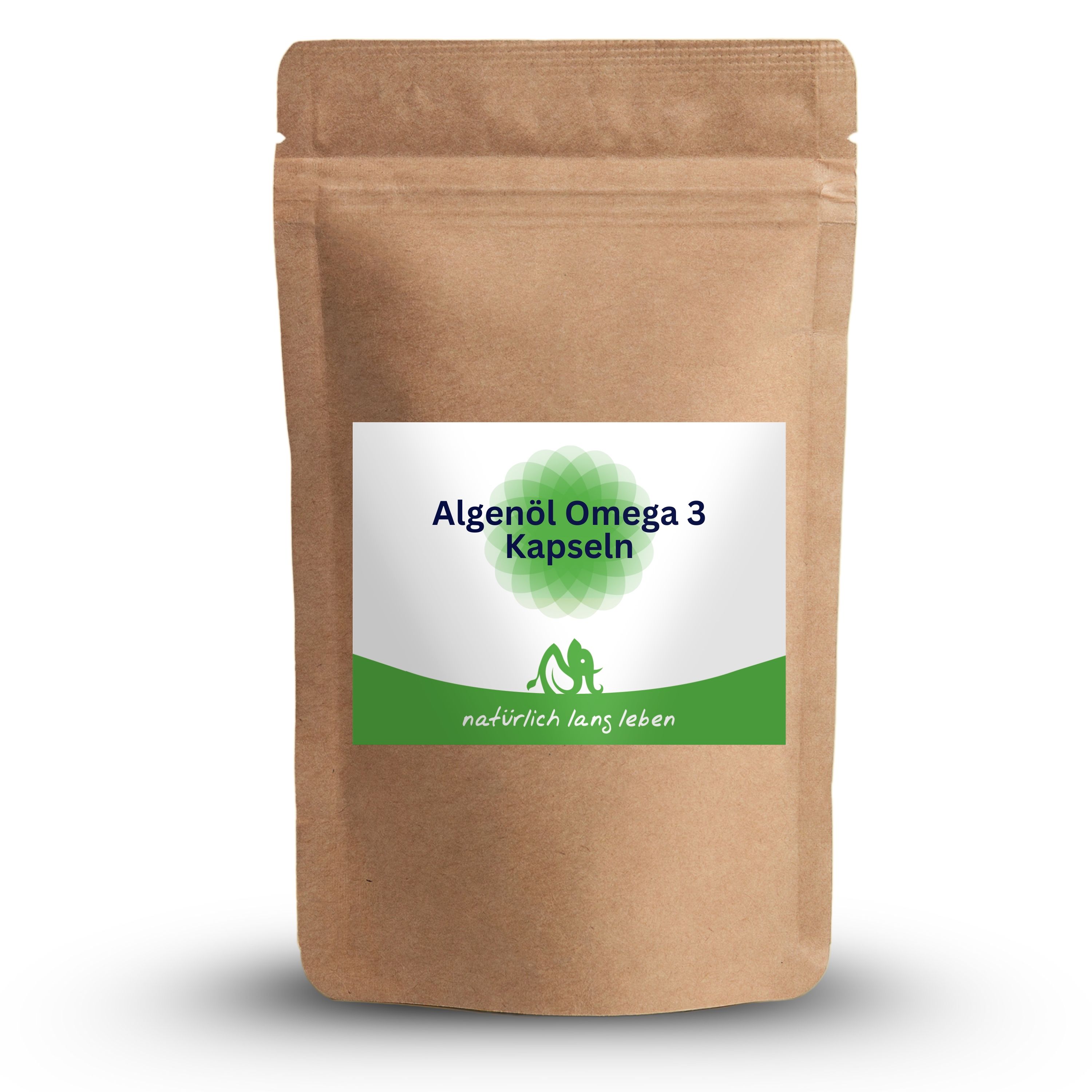 Braune Tüte mit Etikett. Aufschrift: Algenöl Omega 3 Kapseln. Logo und Schriftzug: natürlich lang leben.