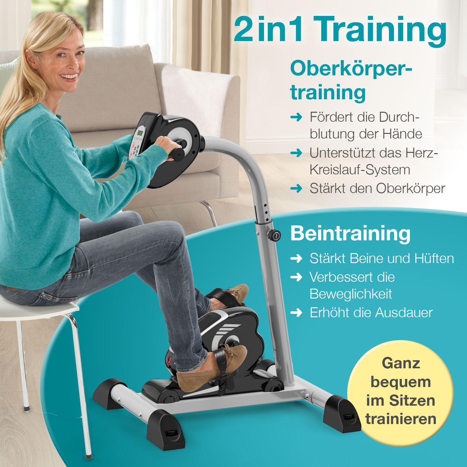 Arm- und Beintrainer. Frau trainiert sitzend. Text: 2in1 Training, Oberkörpertraining, Beintraining. Blau-weißer Hintergrund.