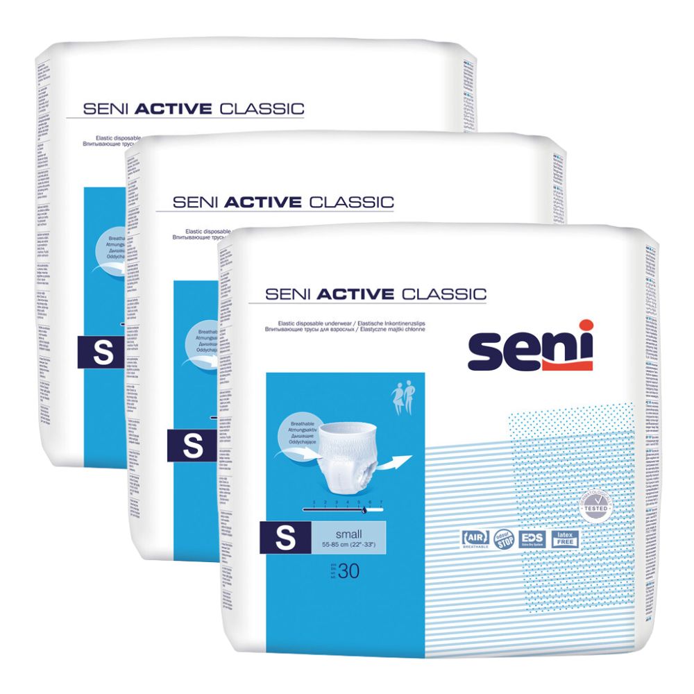 Drei Packungen Seni Active Classic. Weiße Verpackung mit blauer und weißer Grafik. Aufdruck: Seni Active Classic, Größe S, Seni Logo.