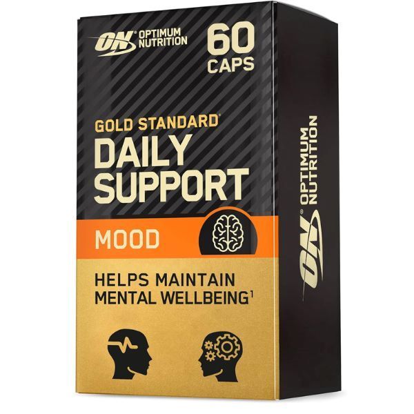 Schachtel mit "Gold Standard Daily Support Mood" und "60 CAPS". Marke: Optimum Nutrition. Enthält Abbildungen von Gehirnen und Köpfen.