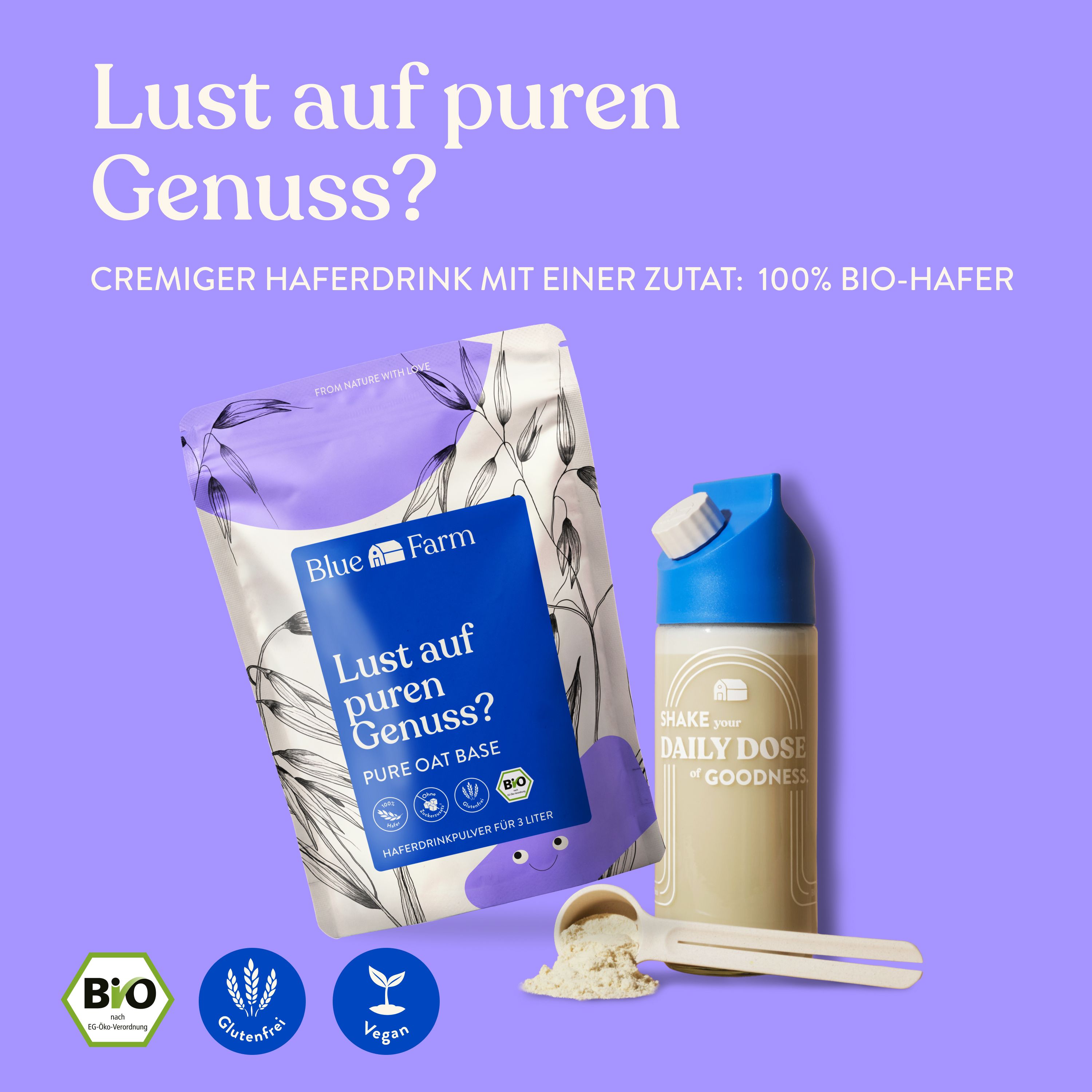 Produktverpackung und Shaker. Aufschrift: Blue Farm, Pure Oat Base. Bio-Siegel, glutenfrei, vegan. Löffel mit Pulver.