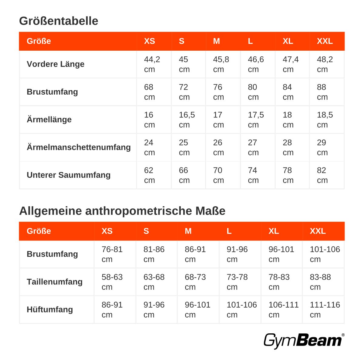 Größentabelle für Damenbekleidung mit Maßen für Vorderlänge, Brustumfang, Ärmellänge und Saumumfang.