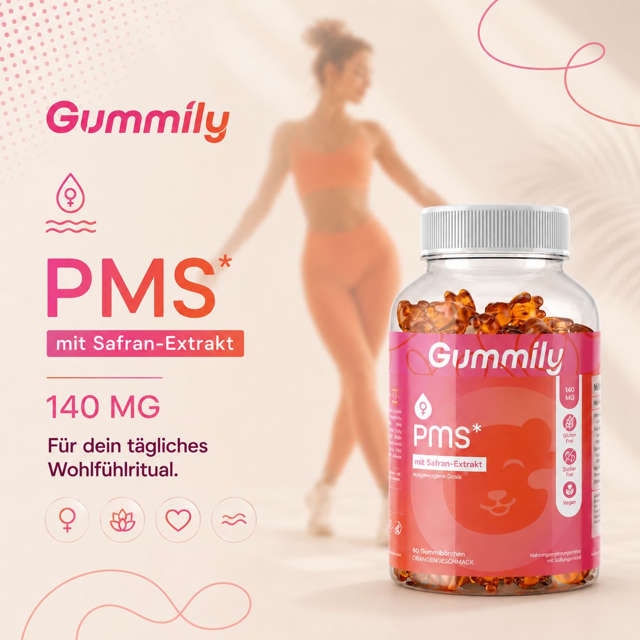 Gummily PMS Hormonbalance Gummibärchen vor einer Frau in Sportkleidung, 140 mg.