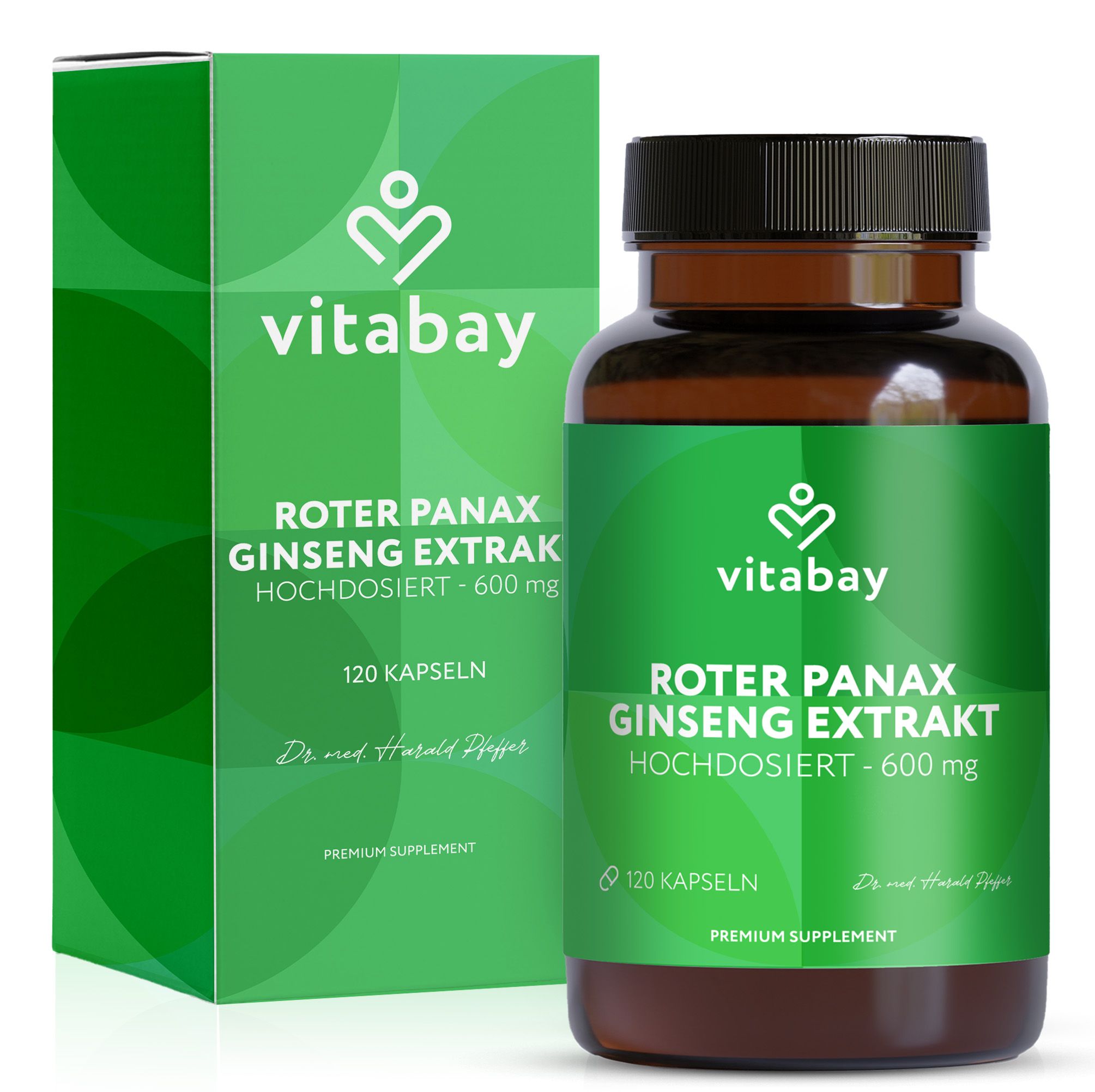 Vitabay Roter Panax Ginseng Extrakt Kapseln und Verpackung.
