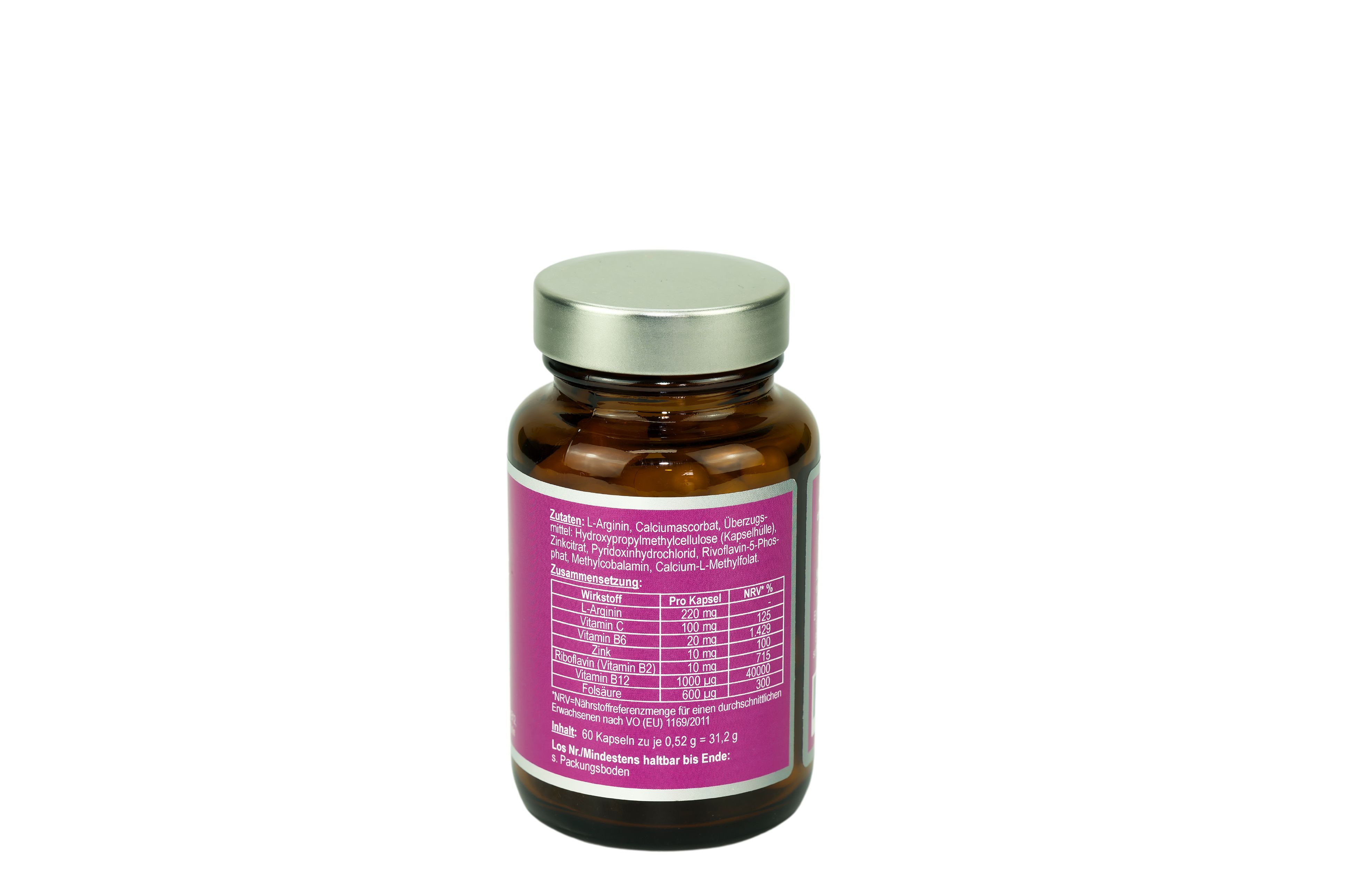 Braune Glasflasche mit lila Etikett. Gefäß Vital, Niederrhein Vital®. Rückseite mit Text und Nährwertangaben. Kapseln sichtbar.