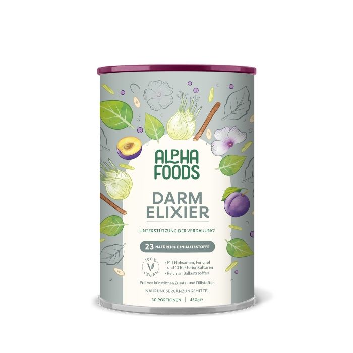 Alpha Foods Darm Elixier, Darmflora Aufbau & Unterstützung, 750 Mrd KBE, mit Flohsamenschalen, 450g