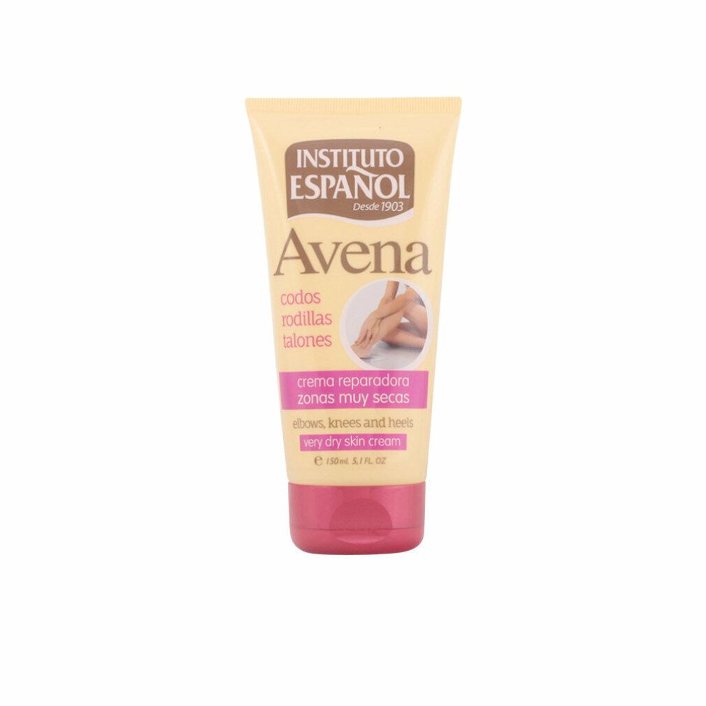 Creme-Tube mit Produktnamen INSTITUTO ESPANOL Avena. Rosa und gelbe Farbgebung. Text für Ellenbogen, Knie und Fersen.