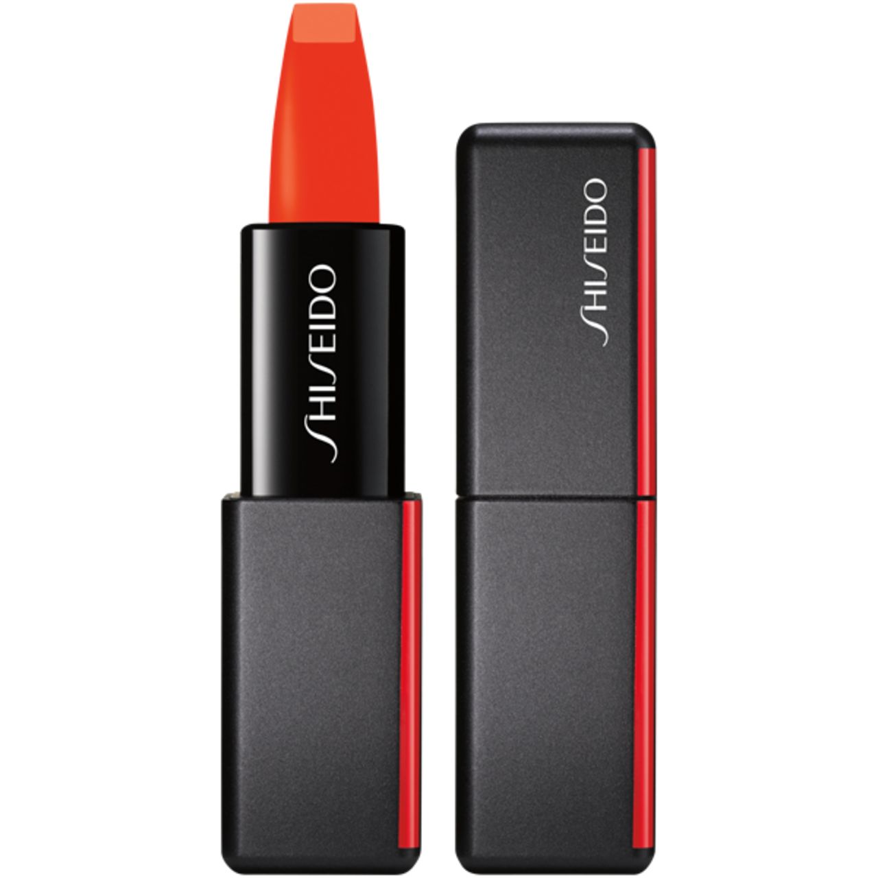 Lippenstift, orangefarben. Schwarzer, rechteckiger Behälter mit rotem Akzent und Shiseido-Logo. Geöffnet und geschlossen.