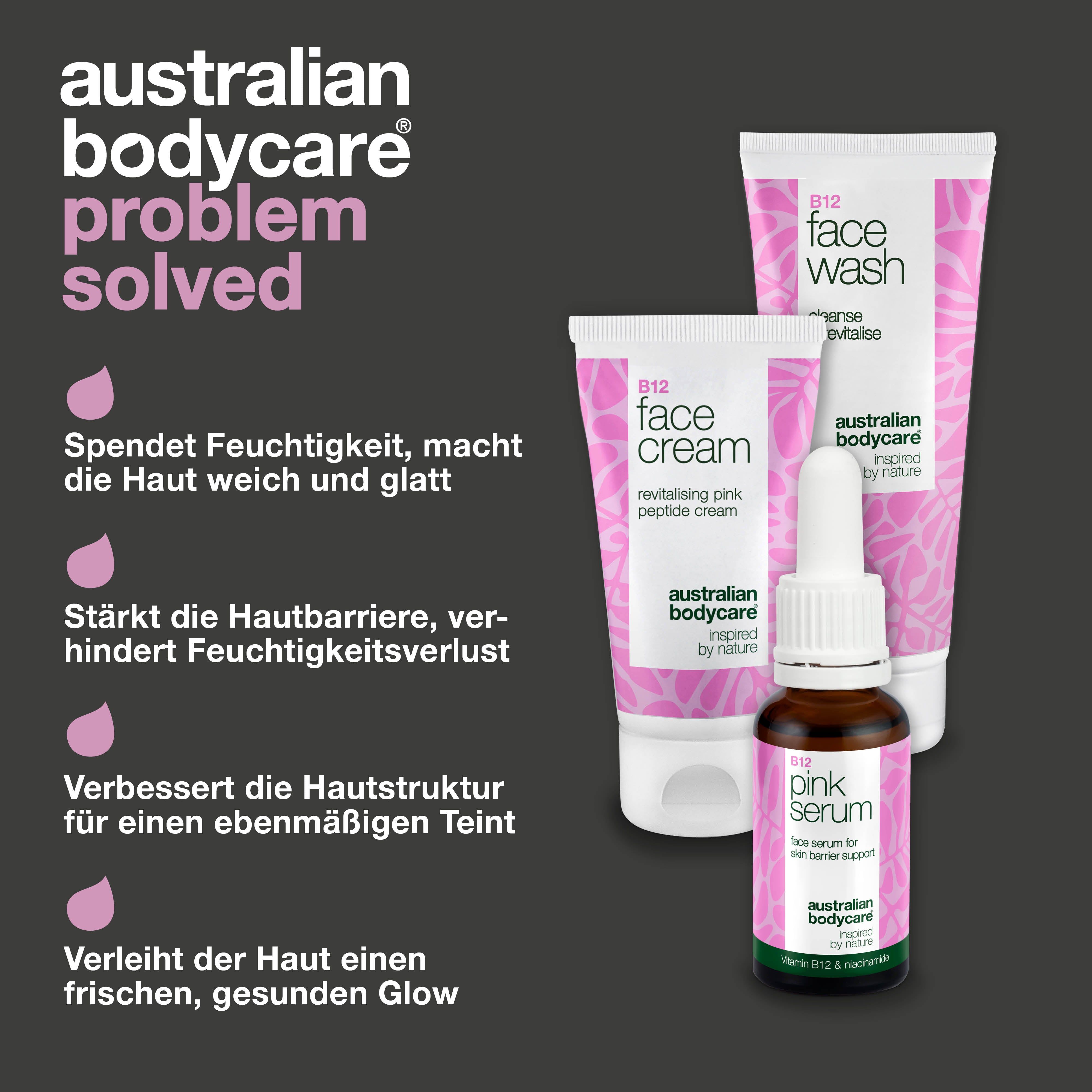 B12-Produkte: Face Wash, Face Cream und Pink Serum. Text: Hydratisiert, glättet, stärkt, vereinheitlicht.