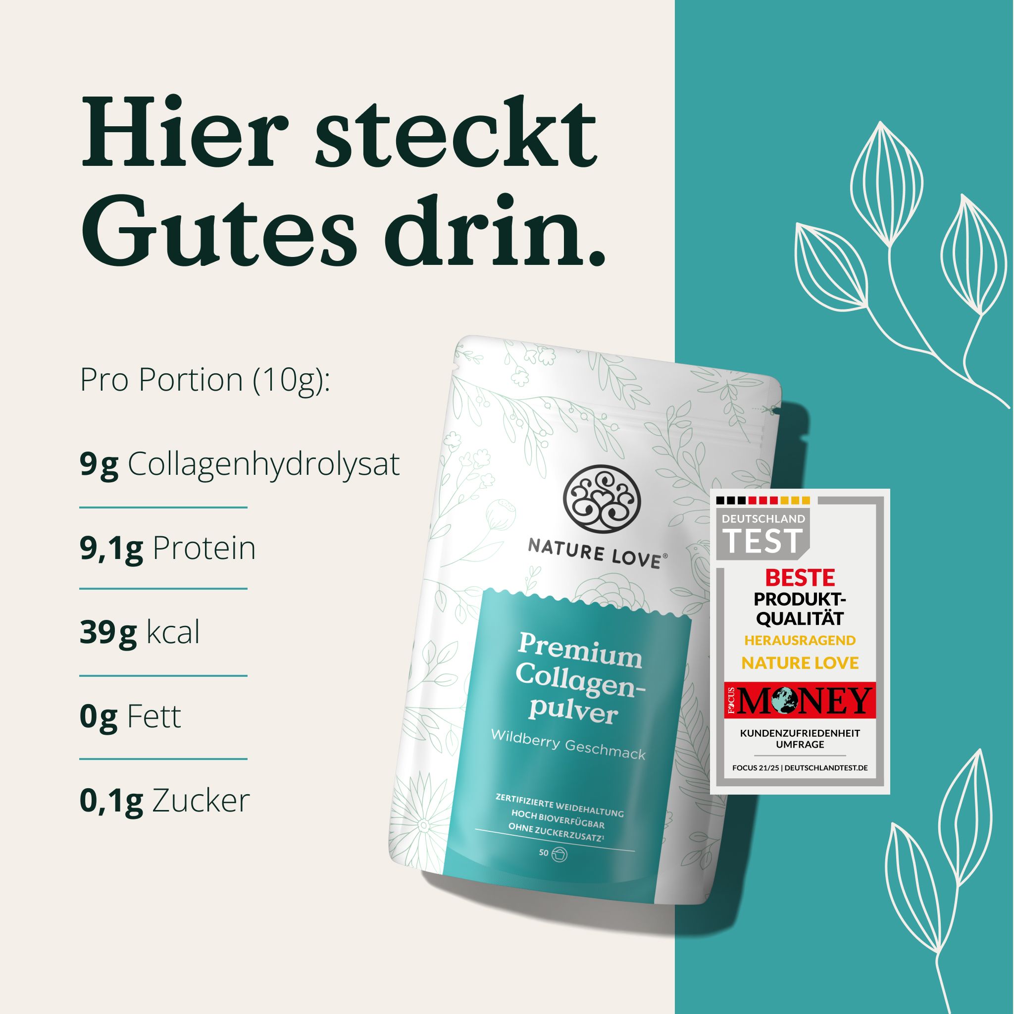 Verpackung NATURE LOVE® Premium Collagenpulver Wildberry mit Nährwertangaben. Auszeichnung: Beste Produktqualität.