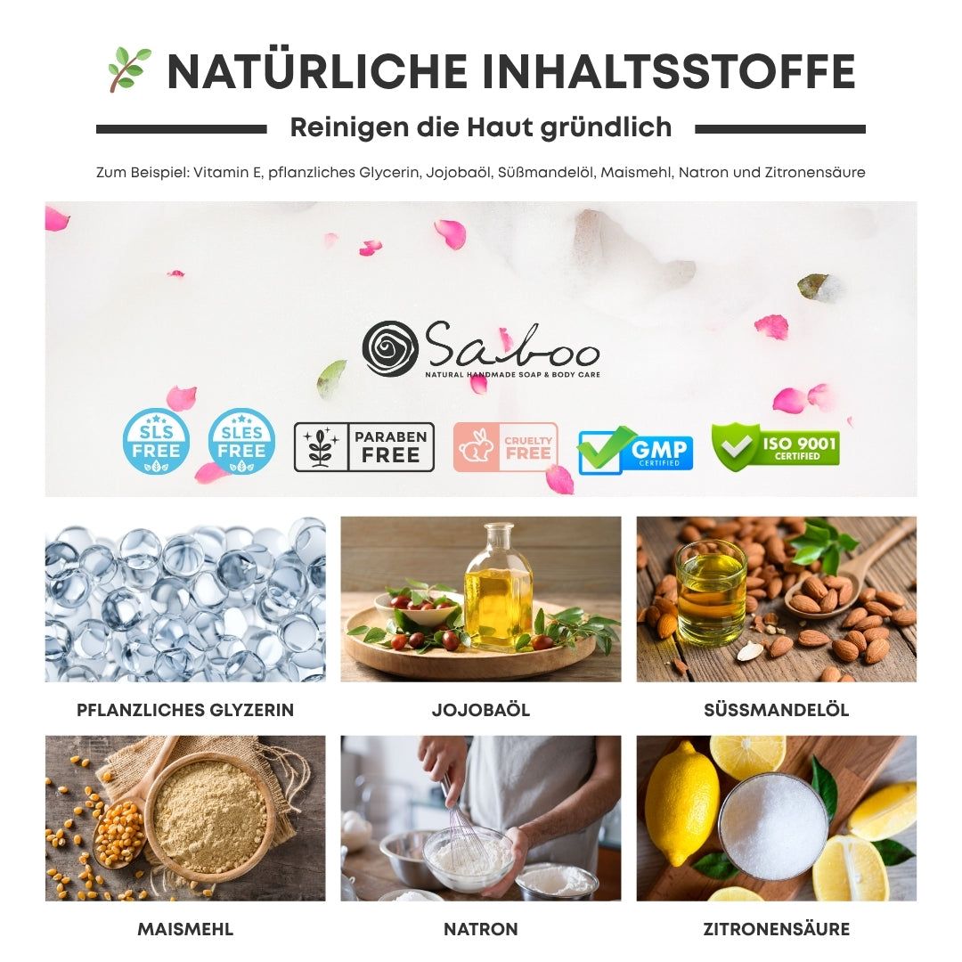 Inhaltsstoffe: Pflanzliches Glycerin, Jojobaöl, Süßmandelöl, Maismehl, Natron, Zitronensäure. Logos: SLS Free, Paraben Free, Cruelty Free, GMP, ISO 9001.