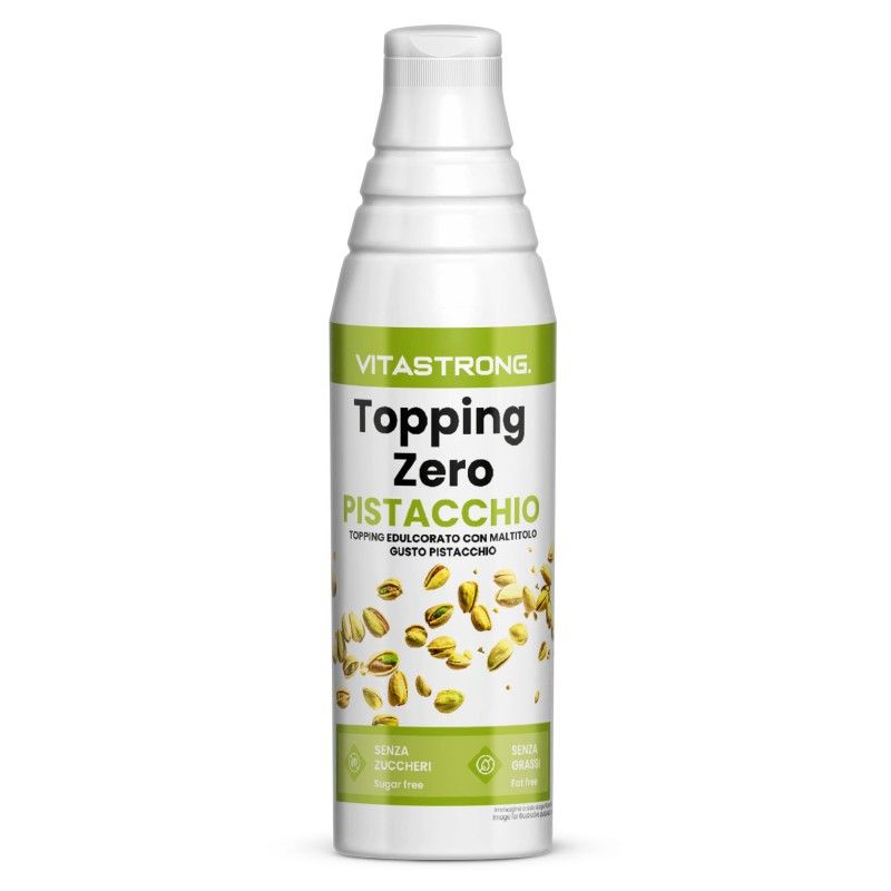 Weiße Flasche mit grünem Etikett. Aufschrift: Vitastrong Topping Zero Pistacchio. Abbildung von Pistazien.