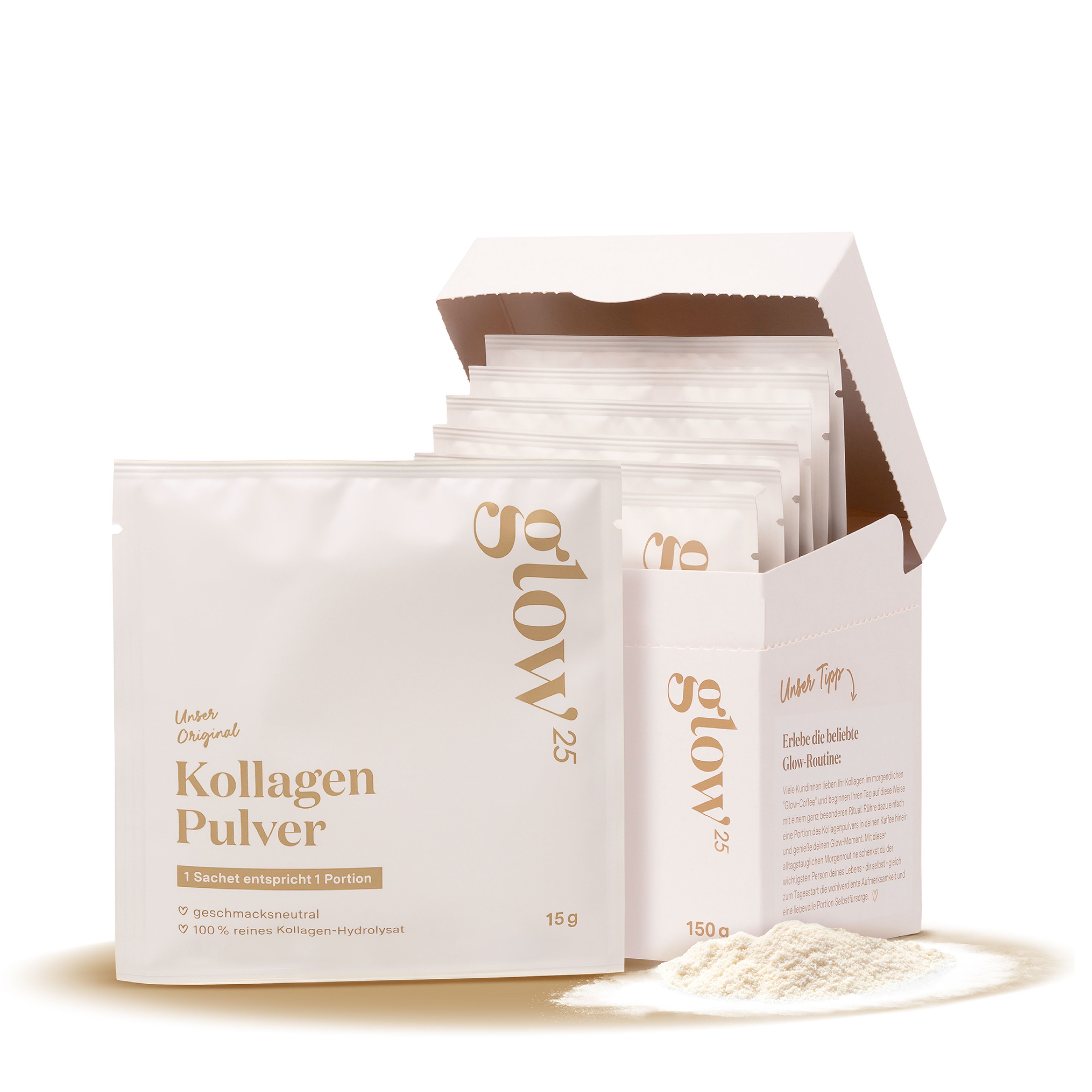 Geöffnete Glow25 Kollagen Pulver Box mit Sachets und Pulver. Aufschrift: 1 Sachet entspricht 1 Portion.
