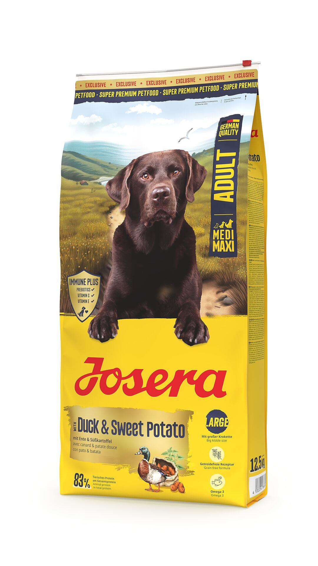 Gelbe JOSERA-Verpackung mit Hund, Ente und Süßkartoffel-Illustration. Text: Adult, Medi Maxi, 12,5 kg, 83% tierische Proteine.