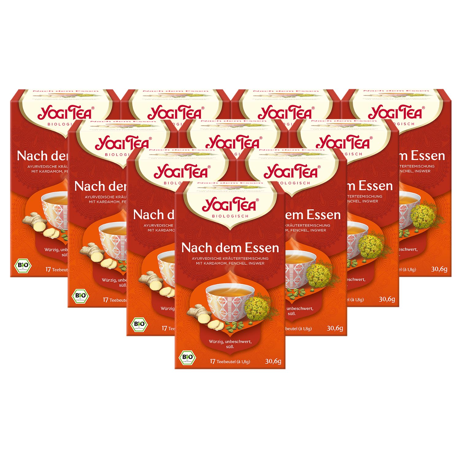 Mehrere Packungen Yogi Tea - Nach dem Essen. Rote Verpackung mit Logo und Produktbezeichnung. Bio-Siegel.