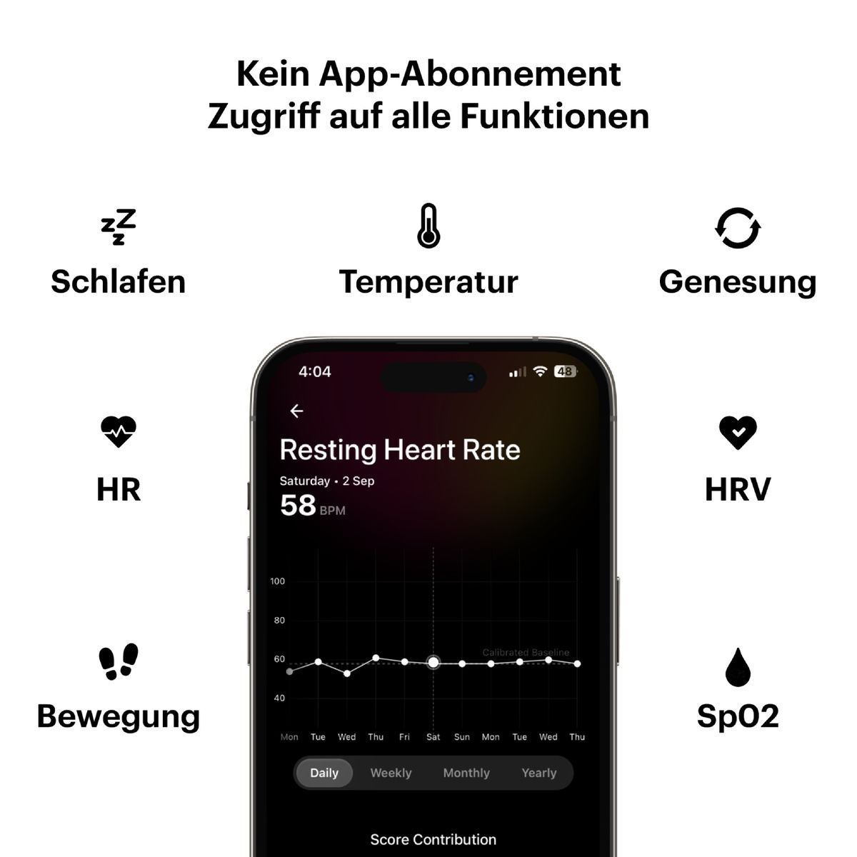 Smartphone-Anzeige mit Gesundheitsdaten: Schlaf, Temperatur, Erholung, HR, HRV, Bewegung, SpO2.