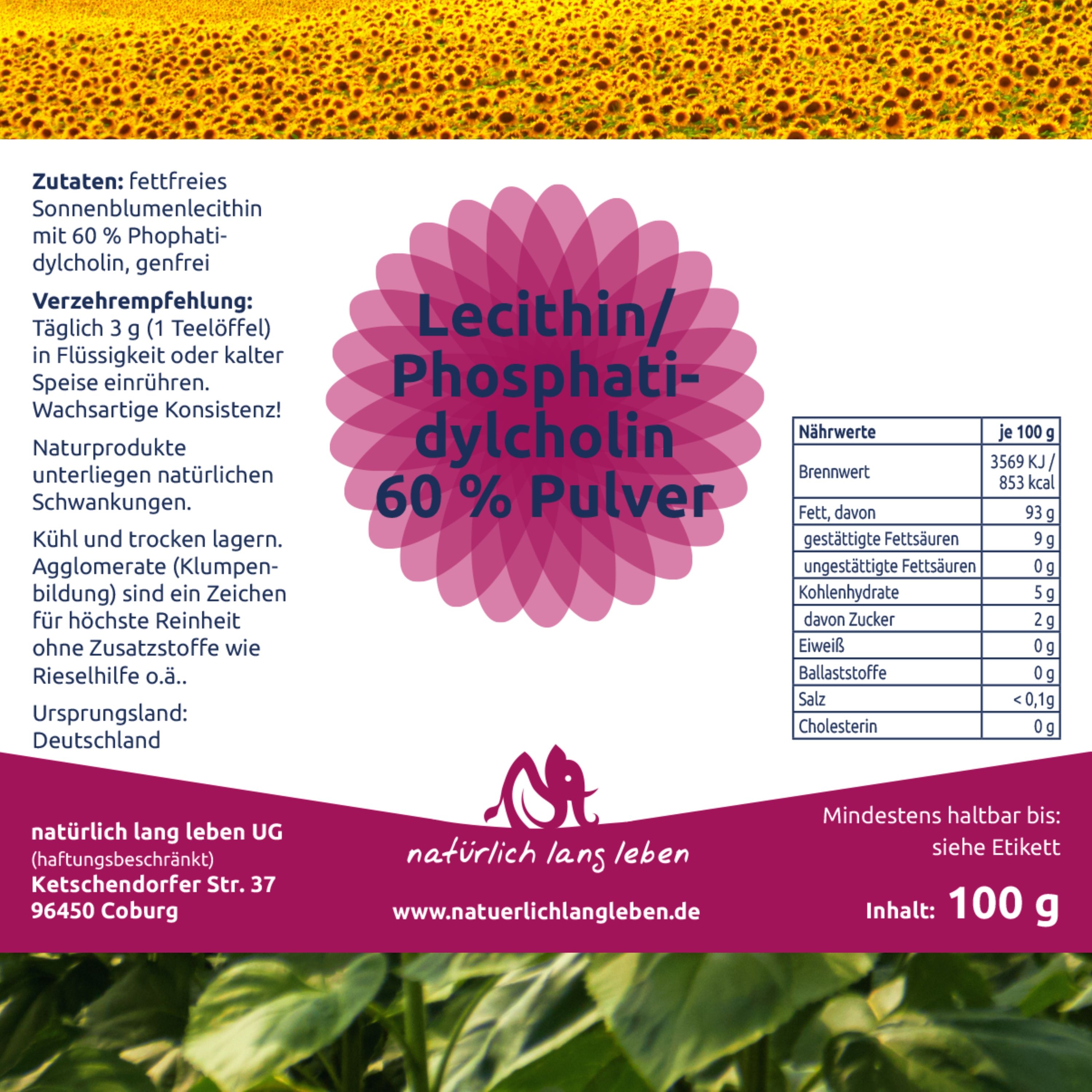 Etikett mit Aufschrift: Lecithin / Phosphatidylcholin 60 % Pulver. Nährwerttabelle. Logo: natürlich lang leben. Mindesthaltbarkeit.