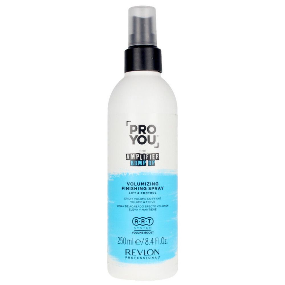 Weiße Flasche mit schwarzem Sprühkopf. Aufschrift: PRO YOU THE AMPLIFIER BUMP UP, Volumen Finishing Spray. 250ml/8.4 Fl.oz. REVLO