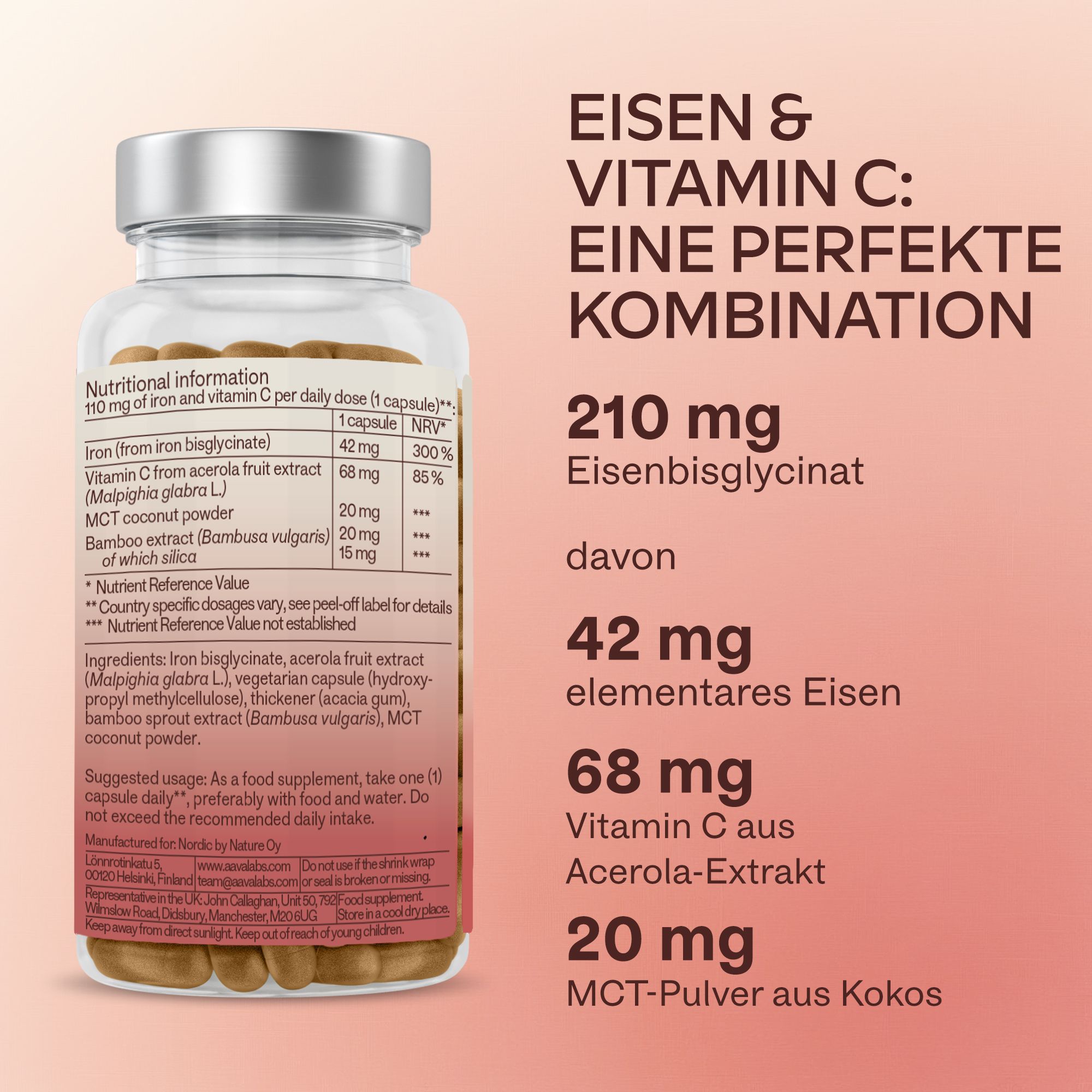 Kapseln in einer Glasschale. Text: Vegan, glutenfrei, ohne Gentechnik, ohne Konservierungsstoffe, getestet auf Schwermetalle.