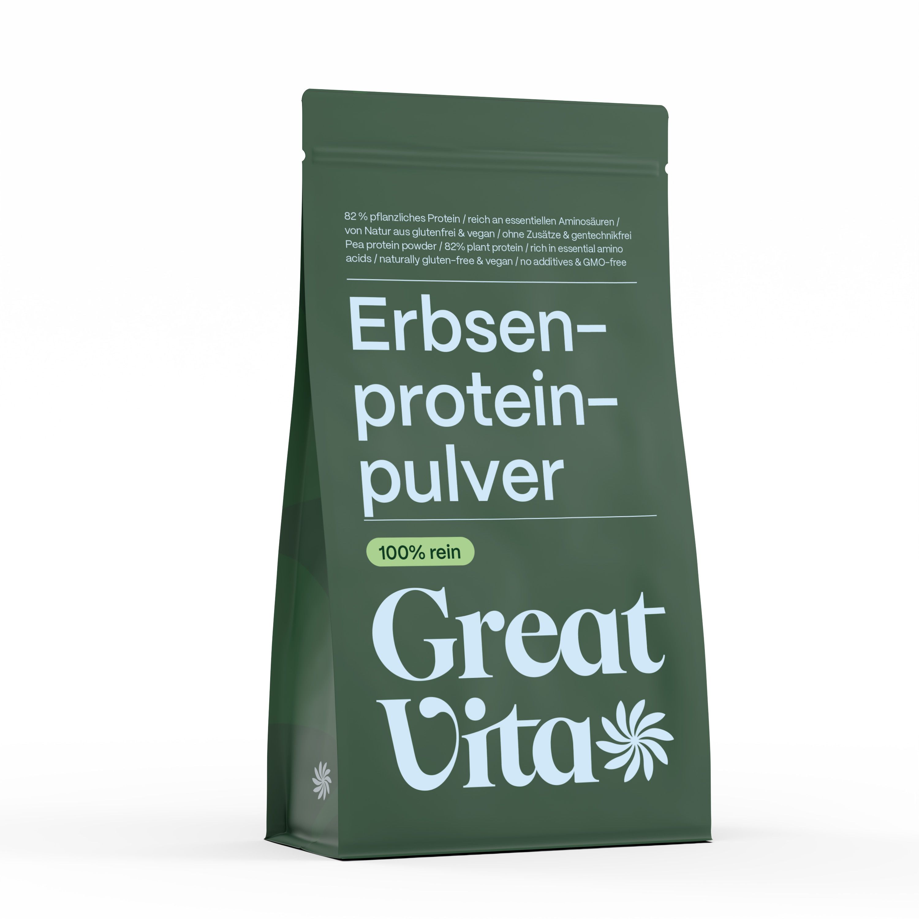 Grüner Beutel mit Erbsenprotein-Pulver. Aufschrift: Erbsenprotein-Pulver. Text: 100% rein. Marke: Great Vita.