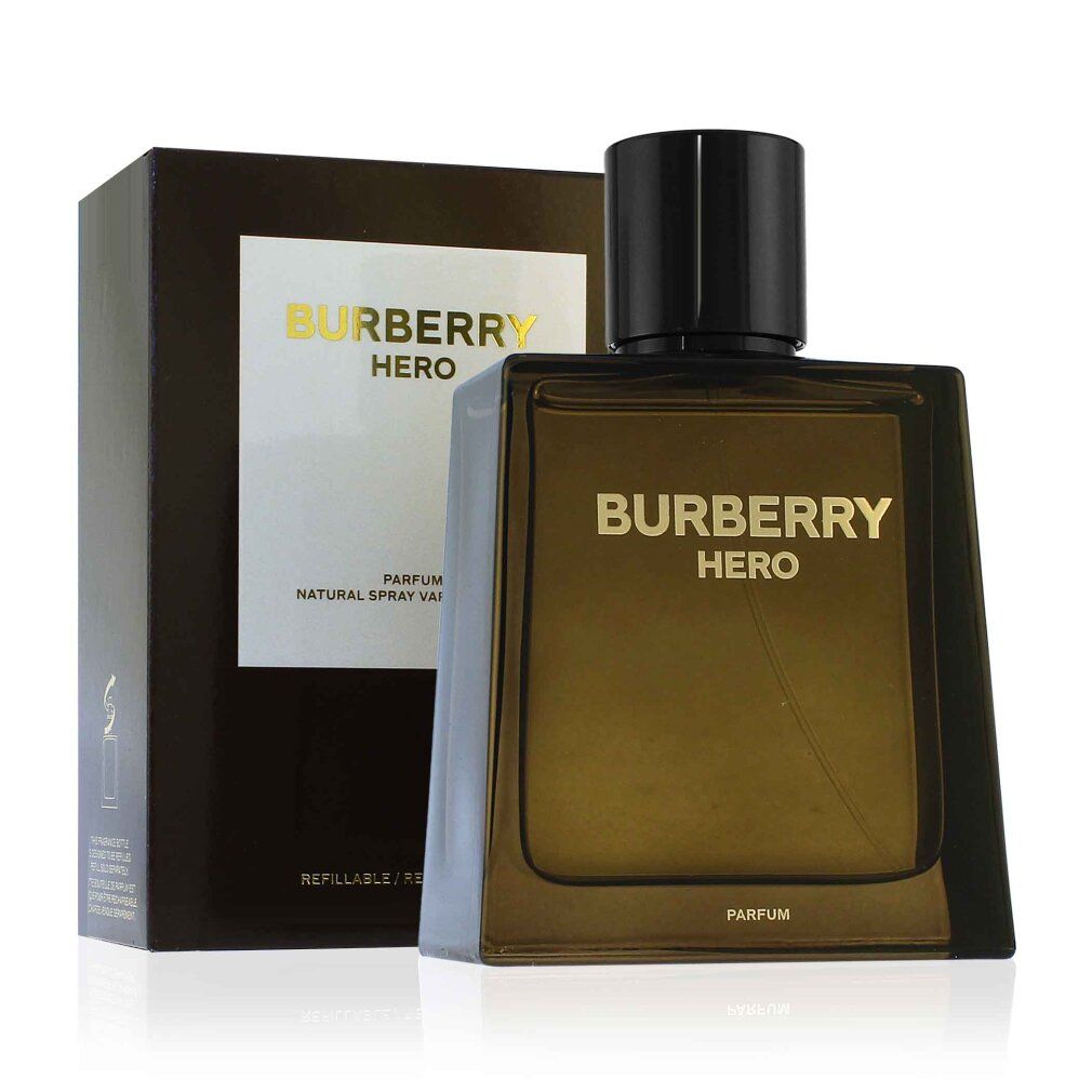Burberry Hero Parfum Nat. Spray. Flasche und Verpackung. Braune Flasche mit schwarzem Verschluss. Goldener Schriftzug.