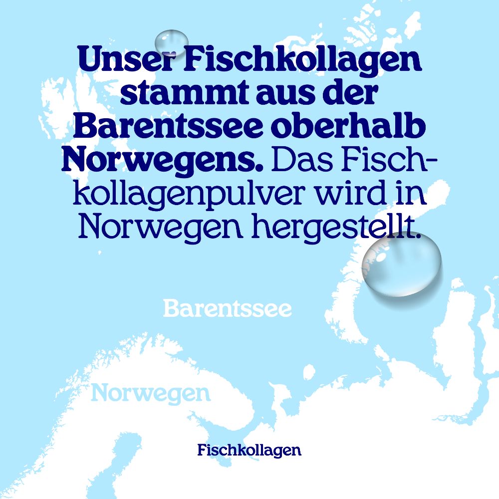 Text auf blauem Hintergrund: Fischkollagen aus der Barentssee, Norwegen. Herstellung in Norwegen.