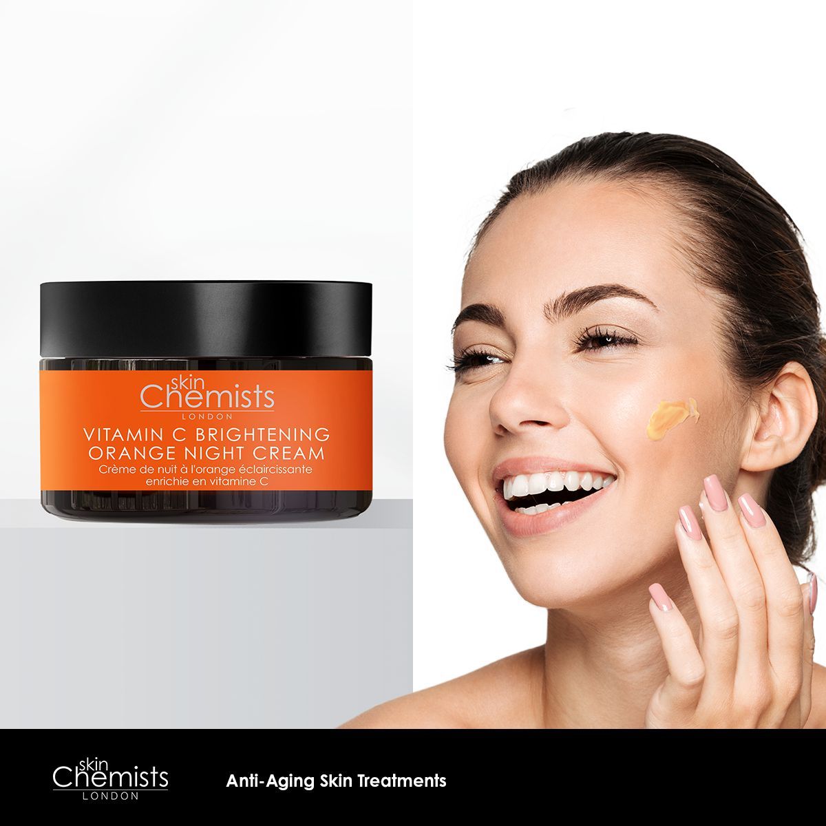 Produkt neben Frau. Dose mit orangefarbenem Etikett. Text: skinChemists, Vitamin C Brightening Orange Night Cream.