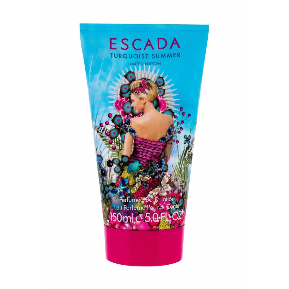Türkisblaue Tube mit Aufdruck. Frau mit Blumenmuster. Text: Escada Turquoise Summer, Limited Edition, Body Lotion, 150ml.
