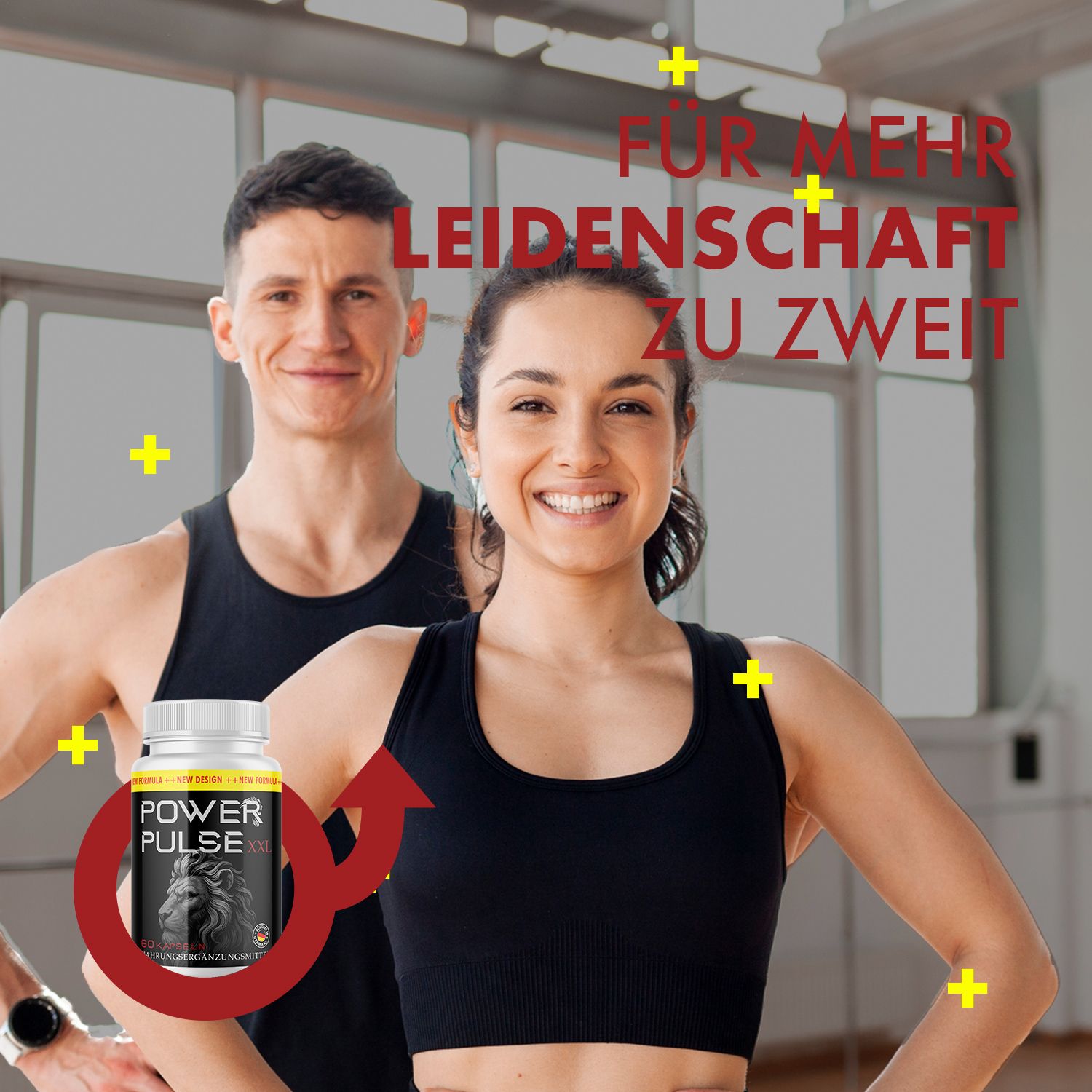 Paar lächelt. Flasche POWER PULSE XXL neben rotem Pfeil. Text: Für mehr Leidenschaft zu zweit. Gelbe Pluszeichen.