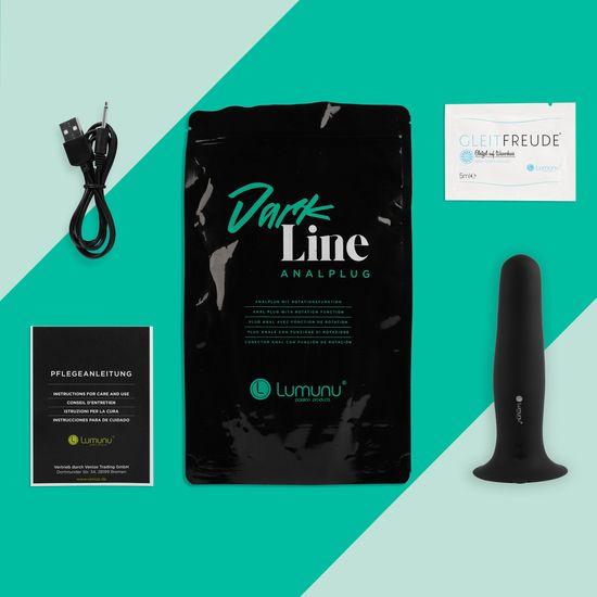 Produktverpackung mit Analplug, Gleitmittel, Kabel, Anleitungen. Schwarze Tasche mit Logo Lumunu.