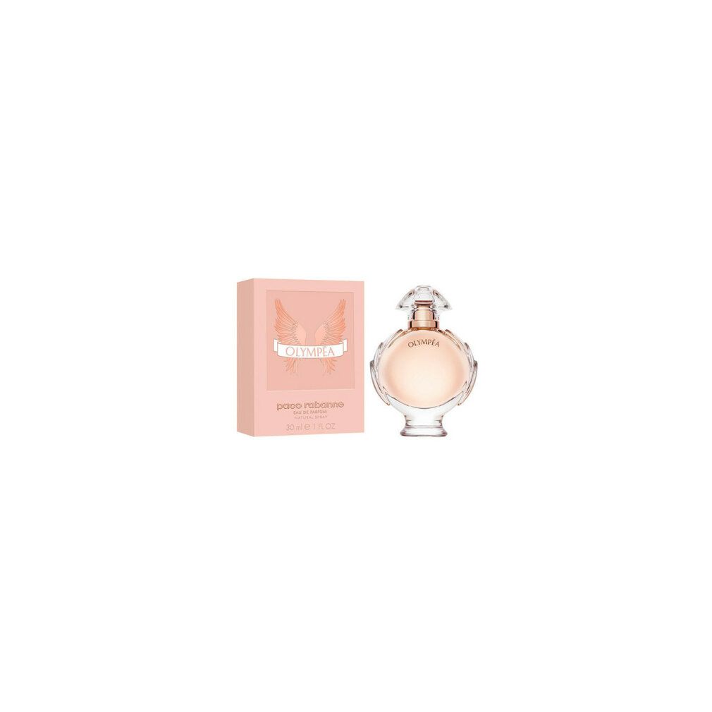 Olympéa-Flakon und Verpackung. Flakon rund, transparent. Verpackung rosa mit Flügel-Design. Aufschrift: Olympéa.