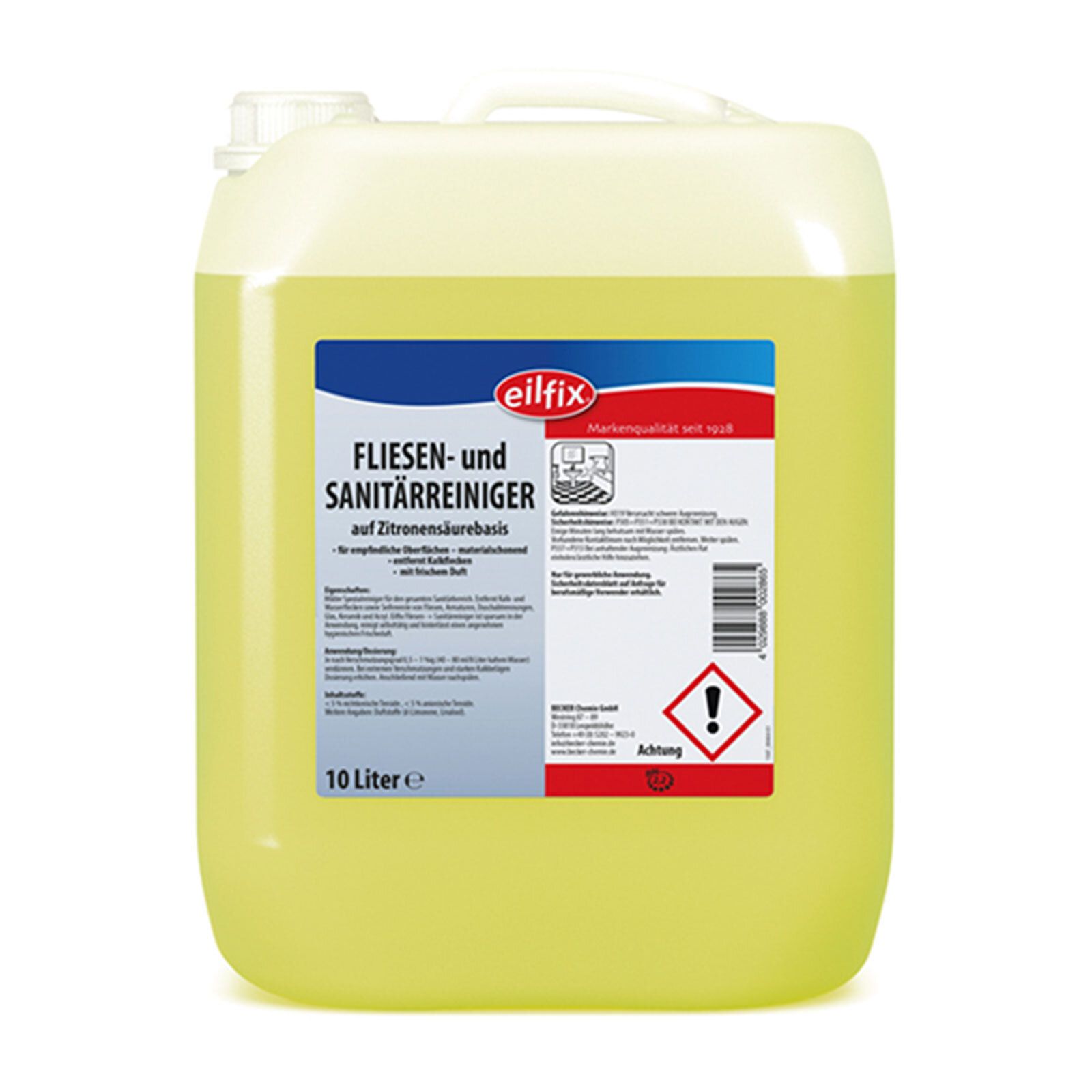 Kanister mit gelber Flüssigkeit. Aufschrift: Eilfix Fliesen- und Sanitärreiniger auf Zitronensäurebasis. 10 Liter. Warnhinweis.