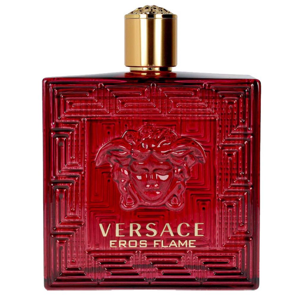 Roter Flakon mit goldfarbenem Verschluss. Aufschrift: VERSACE EROS FLAME. Quadratische Form.