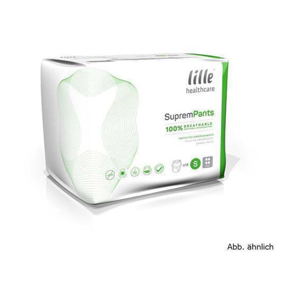 Verpackung mit Lille Suprem Pants. Grün-weiße Box mit Produktbezeichnung und Logo. S-Größe.